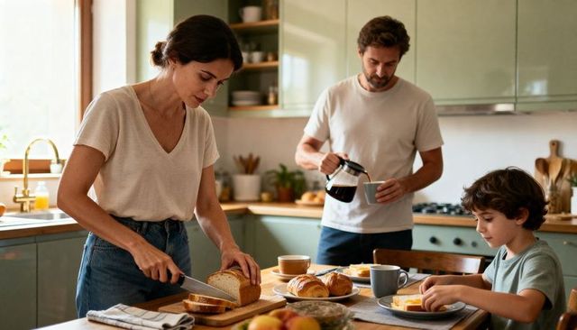 Family morning breakfast together mother slicing bread father pouring coffee child eating