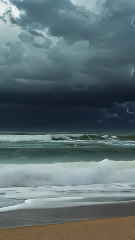 Vertical 4K Stormy Coastline with Rolling Surf and Lightning Strikes Dramatic Weather Clip