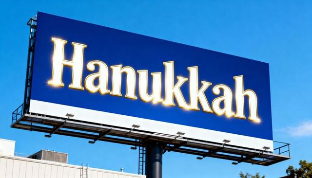 Hanukkah billboard shining gold letters on navy blue background celebrating holiday