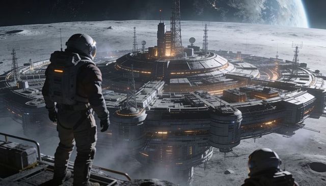 Astronauts surveying ringed lunar base with central tower and antenna while Earth rising