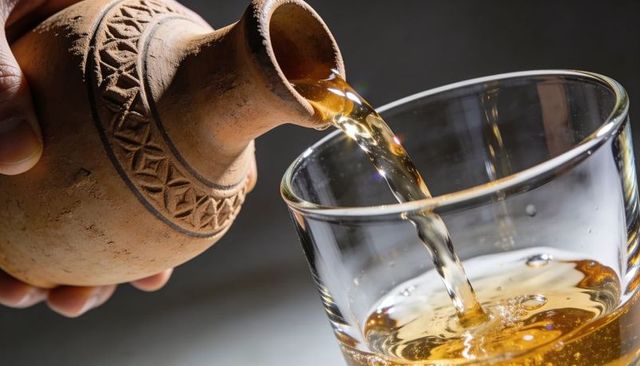 Pouring amber spirit from carved clay jug into glass tumbler with splash and texture