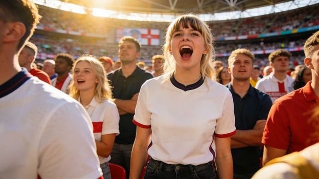 Sunlit england fans cheering in stadium wearing white shirts with red trim and flags