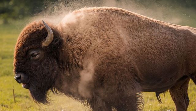 American bison shaking off dust and loose fur on sunlit prairie at golden hour