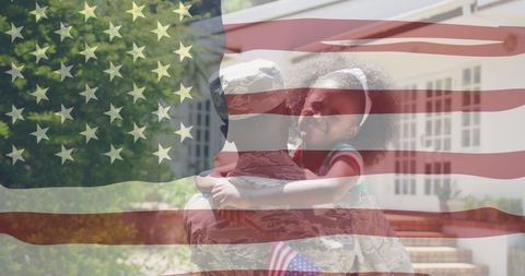 Soldier Embracing Happy Daughter with American Flag Overlay