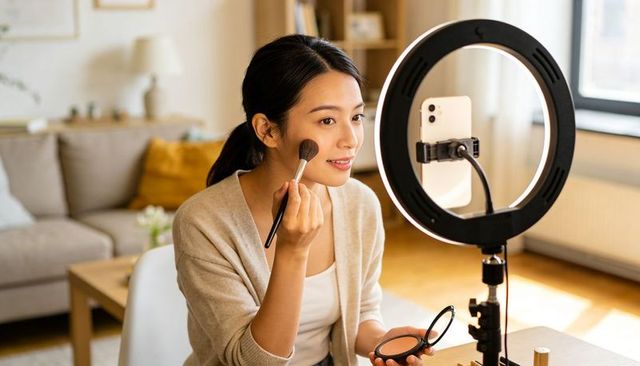 Asian woman applying makeup for beauty vlog using ring light and smartphone in cozy home
