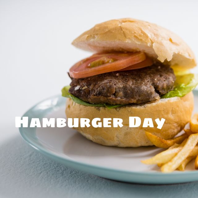 Burger with Tomatoes and Lettuce on Plate with Fries - Download Free Stock Templates Pikwizard.com