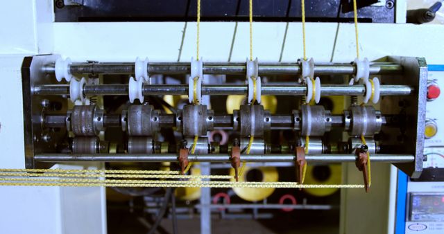 Detailed view of an industrial braiding machine used in a textile factory. Perfect for illustrating modern manufacturing processes, textile industry operations, and automation in industrial settings.