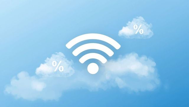 Wifi connectivity concept in blue sky with clouds and percent signs