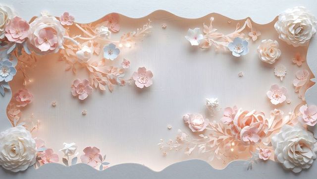 Pastel paper floral frame with scalloped border and warm fairy lights for elegant designs