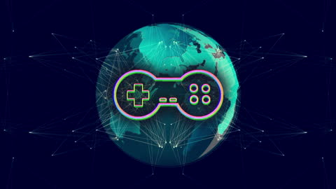Animated Gamepad Icon Overlaying Globe for Global Connectivity Concept