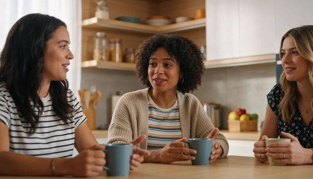 Friends chatting over coffee at kitchen island, cozy morning conversation among diverse women