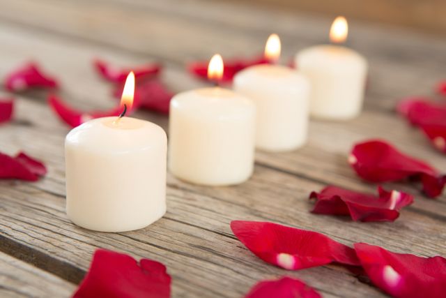 Burning candles surrounded with aromatic rose petals - Download Free Stock Photos Pikwizard.com