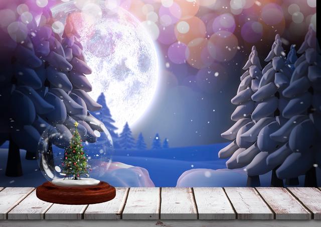 Digitally generated image of snowy landscape with wooden plank board