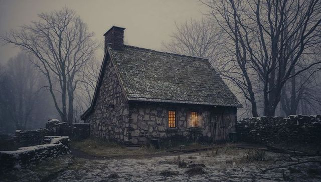 Foggy winter stone cottage with warm glowing windows in silent snow-covered forest clearing