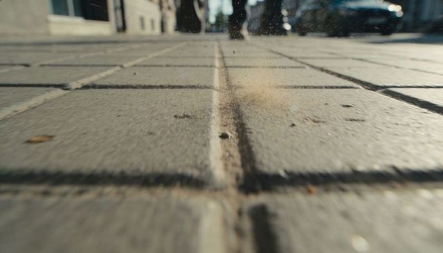 Low-angle close-up of sunlit urban sidewalk grout lines with dust puff and blurred feet