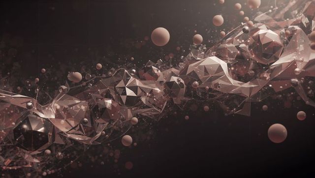 Flowing polyhedral clusters and drifting spheres across dark glowing virtual network