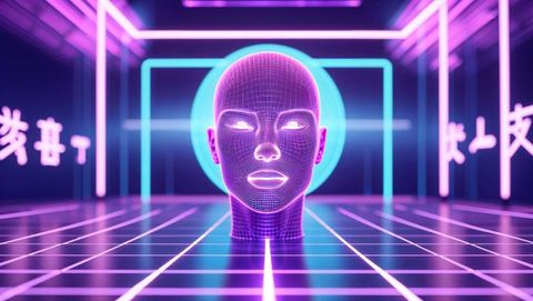 Futuristic Wireframe Head Model with Neon Accents in AI-Chamber