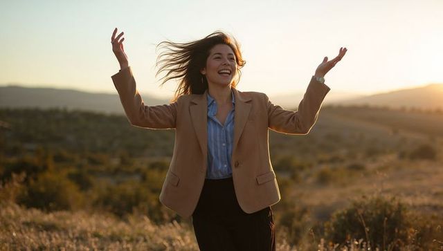 Joyful professional woman raising arms at sunset in open grassland