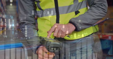 Warehouse worker scanning barcode with digital data overlay