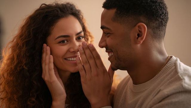Couple whispering and smiling, sharing secret in warm soft light, intimate connection