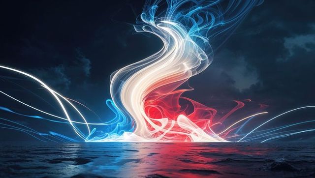 Multicolored Light Ribbons Over Night Water with Clouds