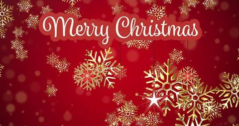 Merry Christmas Banner with Golden Snowflakes on Red Background