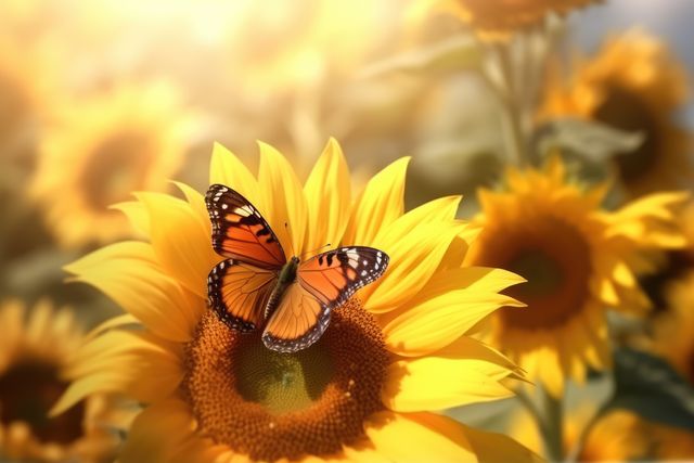 Monarch butterfly resting on blooming sunflower under bright sunshine in a vibrant field. Suitable for use in nature calendars, educational materials, environmental campaigns, and garden lifestyle blogs to evoke emotions of tranquility and natural beauty.