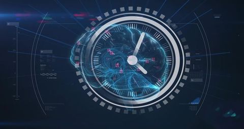 Holographic 3d brain clock in futuristic hud interface for neural time and data