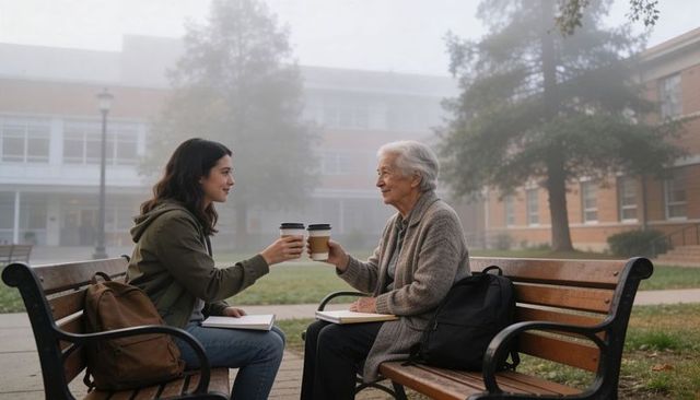 Student and senior sharing coffee on foggy campus bench while exchanging notes and smiles