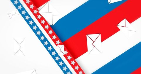 Diagonal patriotic ribbons crossing with floating envelopes and star band red white blue