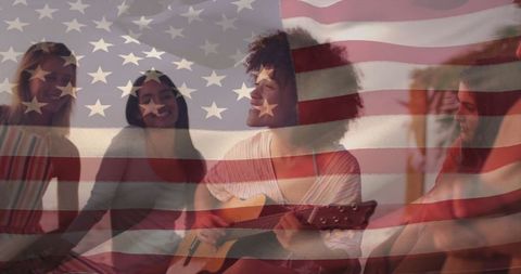 Group of Friends Celebrating with Guitar and USA Flag Overlay