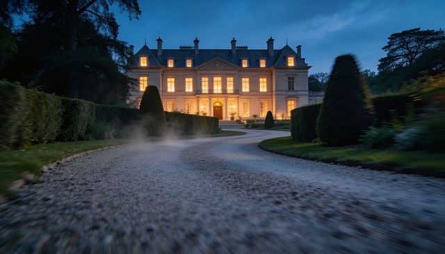 Glowing neoclassical mansion sitting on winding gravel driveway with manicured topiary