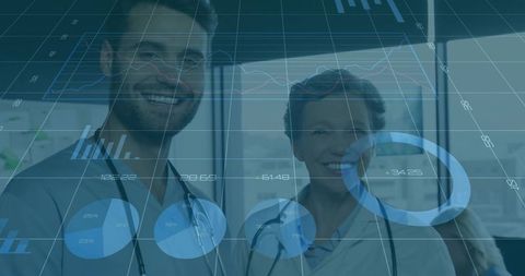 Medical professionals analyzing digital data in high-tech clinic