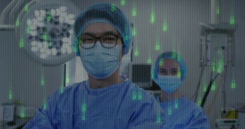 Surgeon with digital code overlay in operating room atmosphere