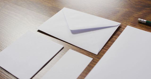 Various white stationery items including an envelope, papers, and pencil on wooden desk. Suitable for themes related to office supplies, communication, letter writing, and clean workspaces. Ideal for illustrating concepts of administrative tasks, modern work environments, and correspondence materials.
