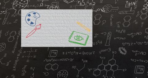 Educational icons on ruled paper over scientific background