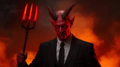 Mythical Horned Demon Wearing Suit with Glowing Pitchfork