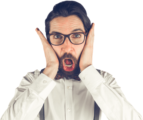 Surprised man in glasses with shocked expression on transparent background