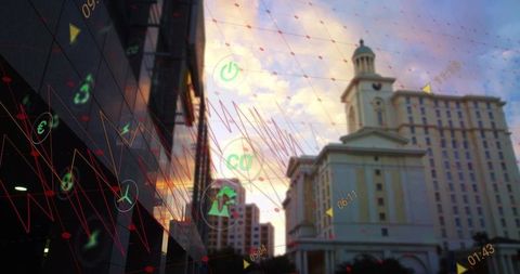 Digital innovation in urban financial district at dusk