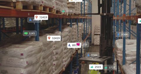 Forklift operator driving through pallet racks with digital inventory safety ui overlays