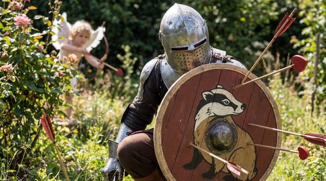 Kneeling knight in full plate shielded by badger crest facing cupid arrows in garden