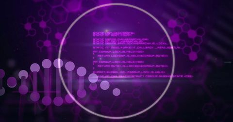 Neon purple cybersecurity graphic with dna-style dots, hexagonal honeycomb and glowing code ring