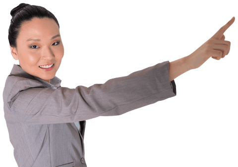Happy Businesswoman Pointing with Confident Smile on Transparent Background