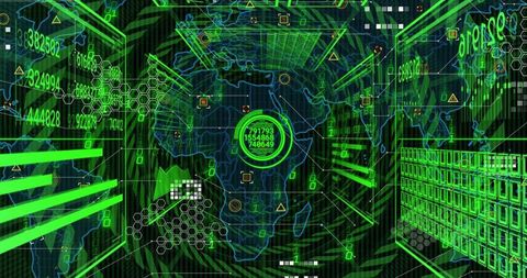 Futuristic Digital Interface with Wireframe World Map and Data Visualization