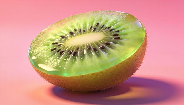 Close-up dewy kiwi half resting on pastel pink surface with juicy gloss and seeds