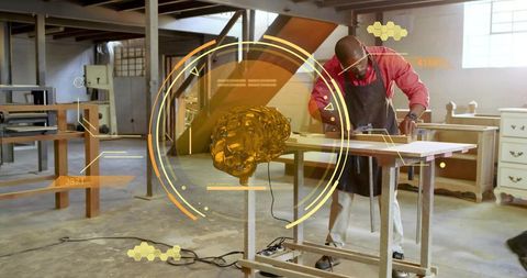 Carpenter Using Augmented Reality Brain HUD While Measuring Wood Panel in Workshop