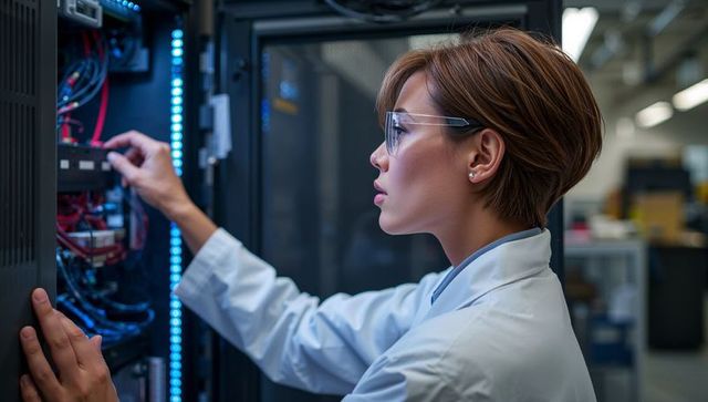 Female Engineer Adjusting Server Rack Hardware Wearing Lab Coat and Safety Glasses