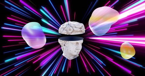 Split classical bust with neon light burst and iridescent floating blobs