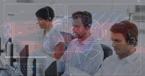 Global Business Team Analyzing Data with Digital Interface