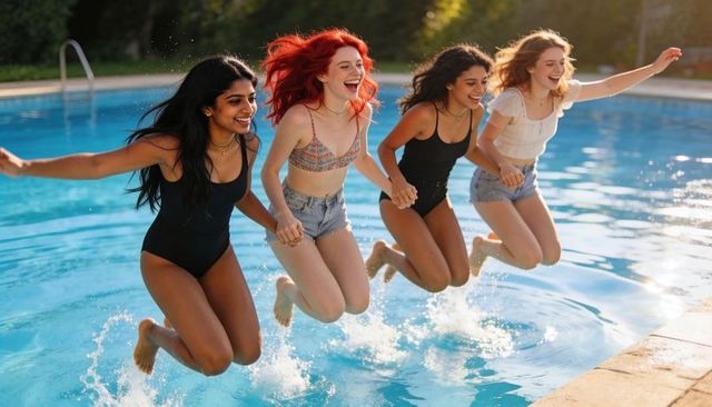Diverse friends jumping into backyard pool at golden hour, splashing joyful summer energy